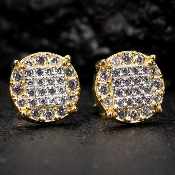 Micro Pave Yellow Gold Plated Iced Cz Round Shape Men's Stud Screw Back Earrings - Picture 1 of 5